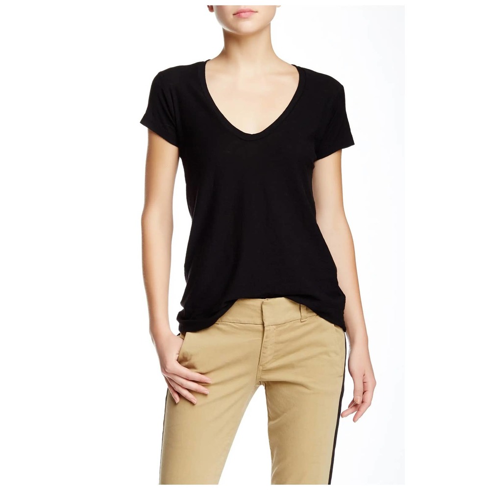 James Perse Women's Deep Scoop Neck Cap Sleeve Tee T-Shirt in Black